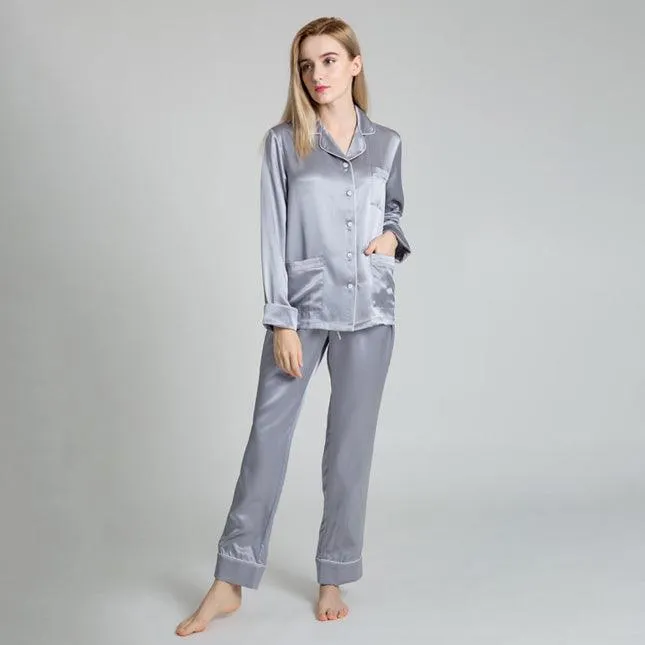 22 Momme Classic Piped Silk Pyjamas Set for Women Long Sleeves 100%  Silk Sleepwear