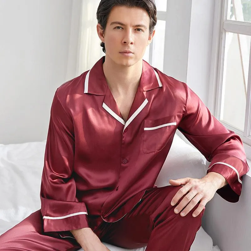 22 Momme Mens Luxury Silk Pyjamas Set Long Sleeves With Wide Clamping Edge Silk Sleepwear