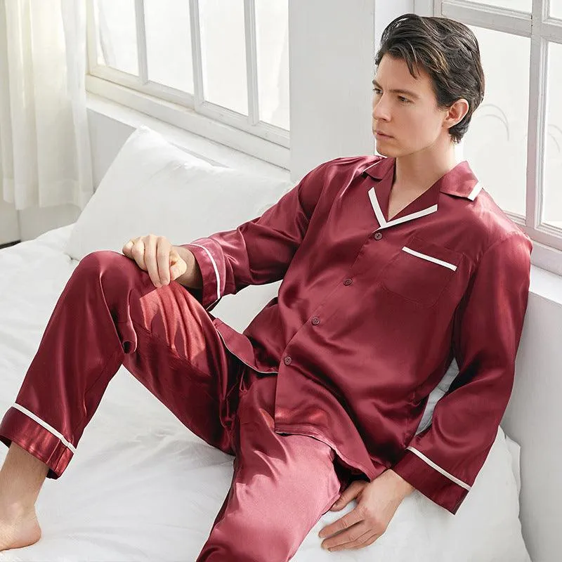 22 Momme Mens Luxury Silk Pyjamas Set Long Sleeves With Wide Clamping Edge Silk Sleepwear