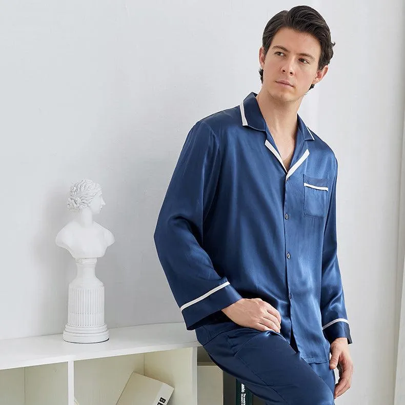 22 Momme Mens Luxury Silk Pyjamas Set Long Sleeves With Wide Clamping Edge Silk Sleepwear