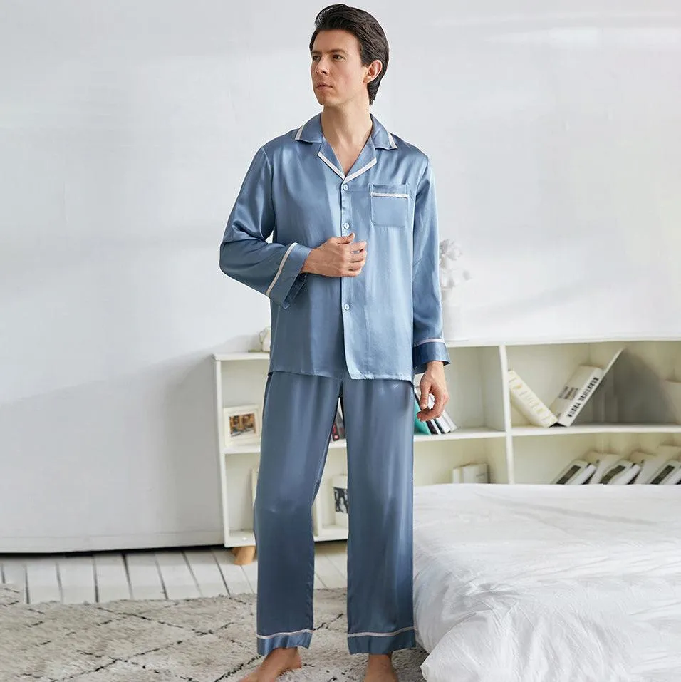 22 Momme Mens Luxury Silk Pyjamas Set Long Sleeves With Wide Clamping Edge Silk Sleepwear