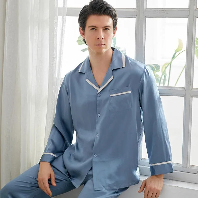 22 Momme Mens Luxury Silk Pyjamas Set Long Sleeves With Wide Clamping Edge Silk Sleepwear