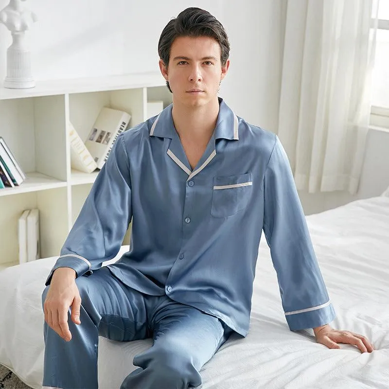 22 Momme Mens Luxury Silk Pyjamas Set Long Sleeves With Wide Clamping Edge Silk Sleepwear