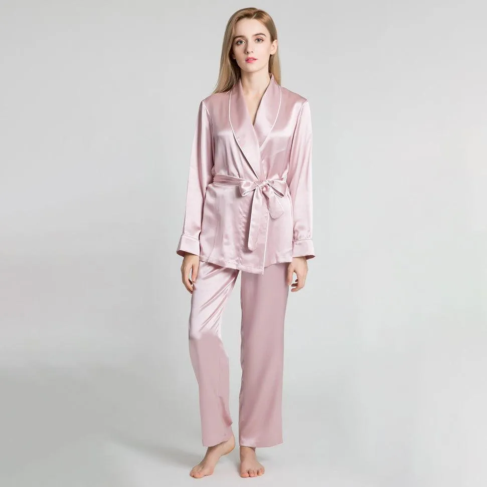 22MM Classic Silk Robe And Pyjamas Set Long Sleeves Pure Mulberry Silk Sleepwear For Women