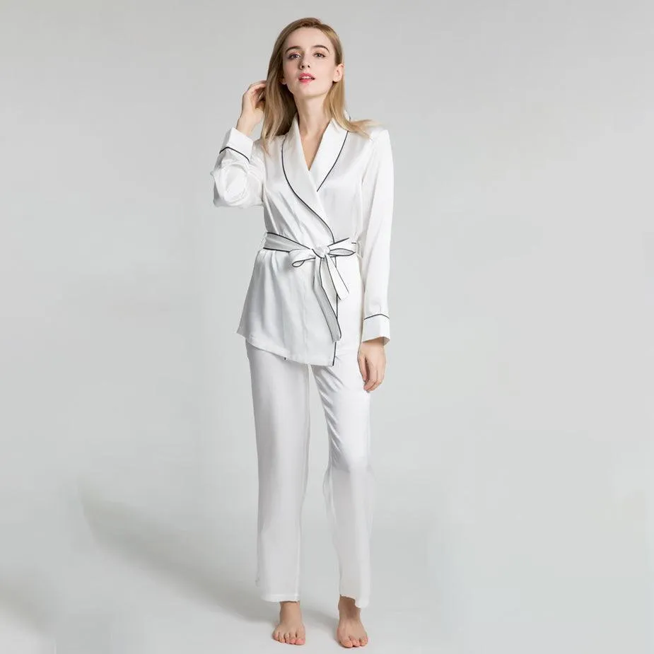 22MM Classic Silk Robe And Pyjamas Set Long Sleeves Pure Mulberry Silk Sleepwear For Women