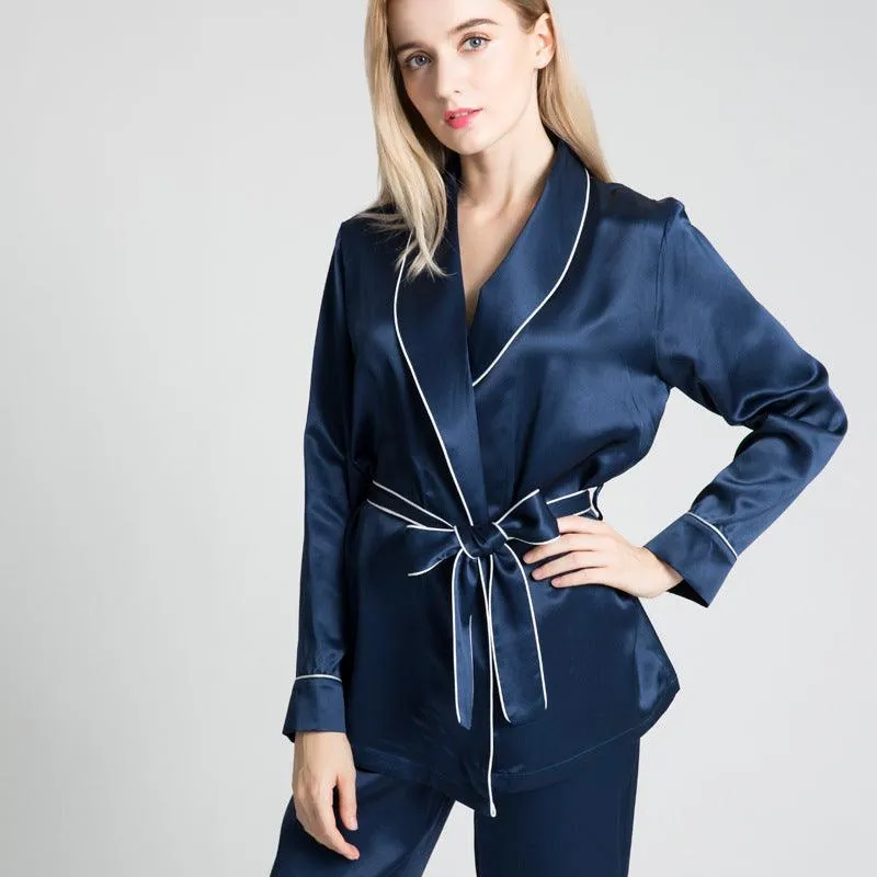 22MM Classic Silk Robe And Pyjamas Set Long Sleeves Pure Mulberry Silk Sleepwear For Women