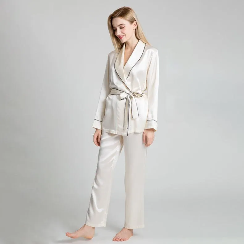 22MM Classic Silk Robe And Pyjamas Set Long Sleeves Pure Mulberry Silk Sleepwear For Women