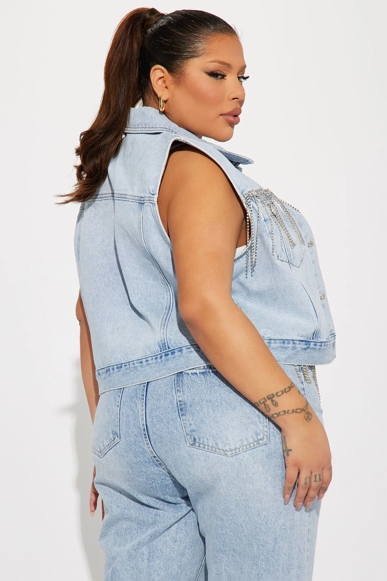 Amore Embellished Denim Trucker Vest - Light Blue Wash