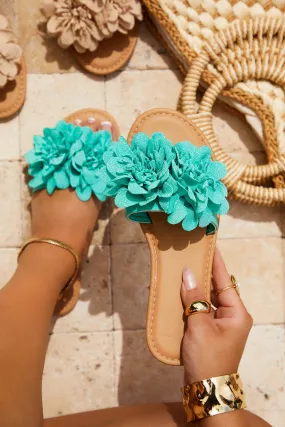 Analia Slip On Flower Sandals - Turquoise