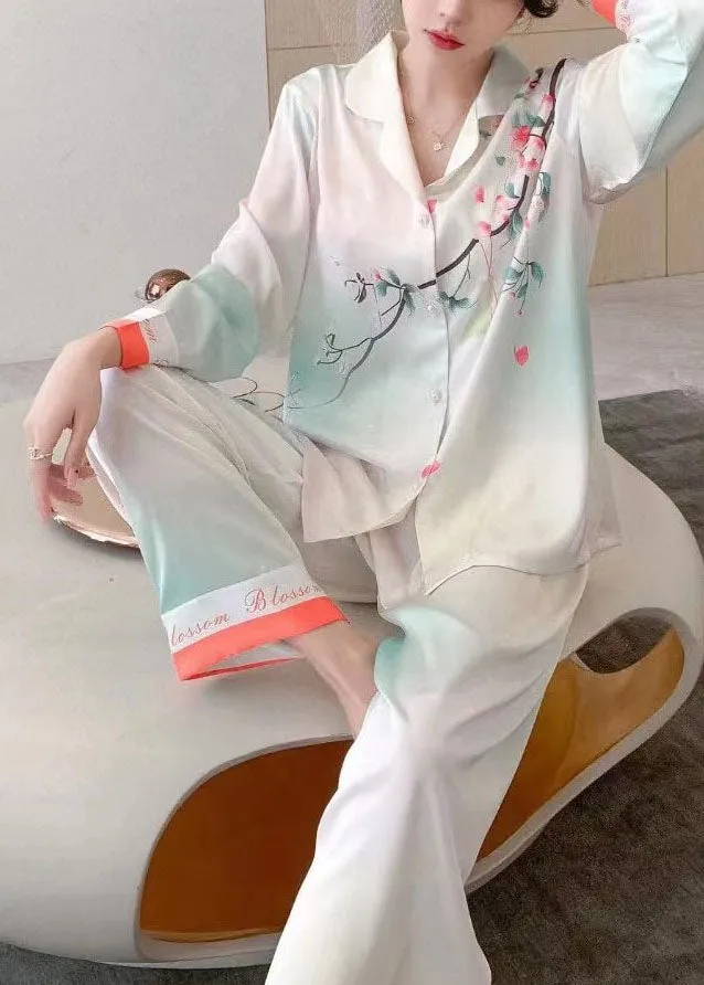 Beautiful White Turn-down Collar Print Draping Ice Silk Pajamas Two Piece Set Women Clothing Spring