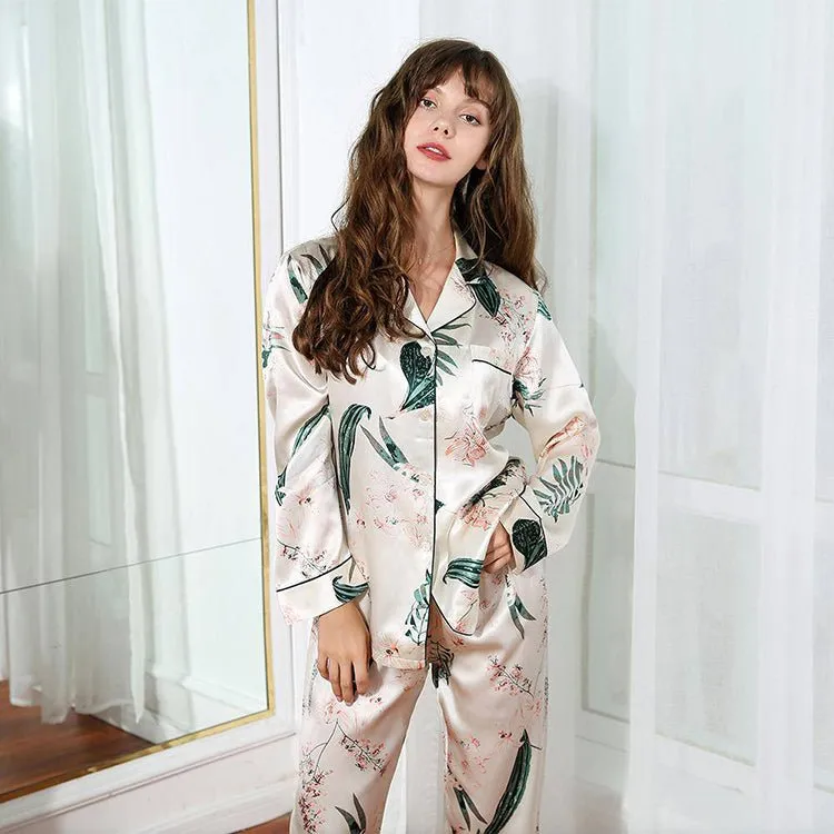 Best Mulberry 2-Piece Silk Pyjamas Set Flower Print Long Sleeves Silk Nightwear