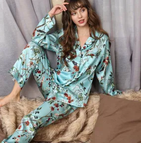 Best Mulberry 2-Piece Silk Pyjamas Set Flower Print Long Sleeves Silk Nightwear