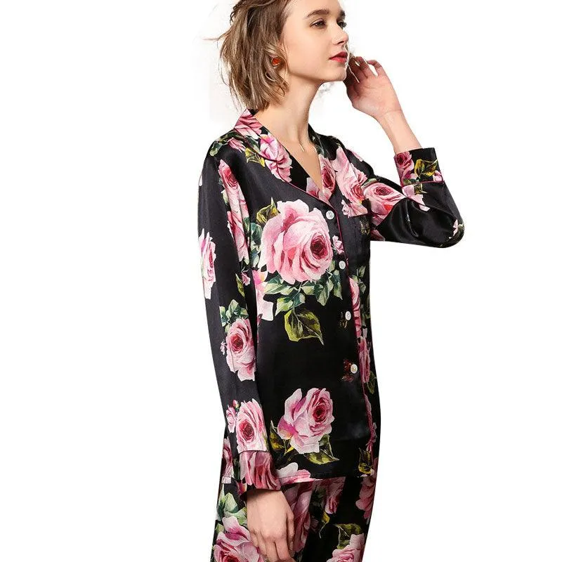 Best Mulberry 2-Piece Silk Pyjamas Set Flower Print Long Sleeves Silk Nightwear