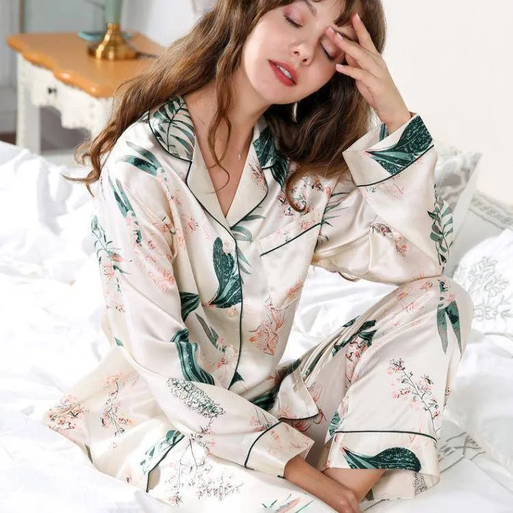 Best Mulberry 2-Piece Silk Pyjamas Set Flower Print Long Sleeves Silk Nightwear