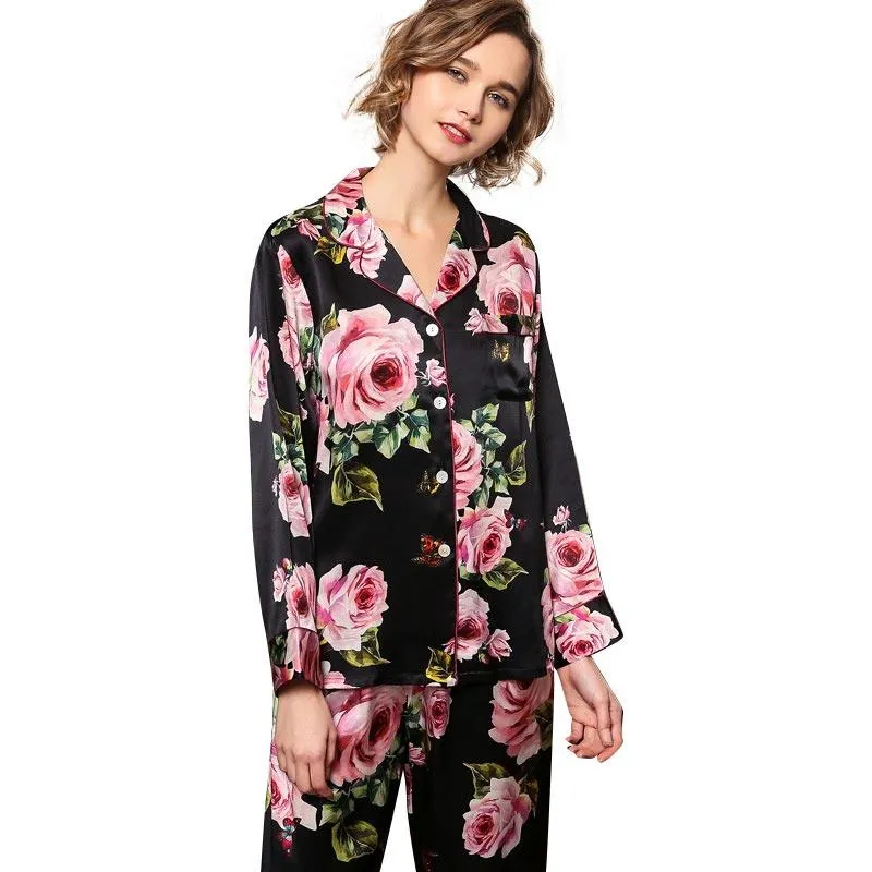 Best Mulberry 2-Piece Silk Pyjamas Set Flower Print Long Sleeves Silk Nightwear