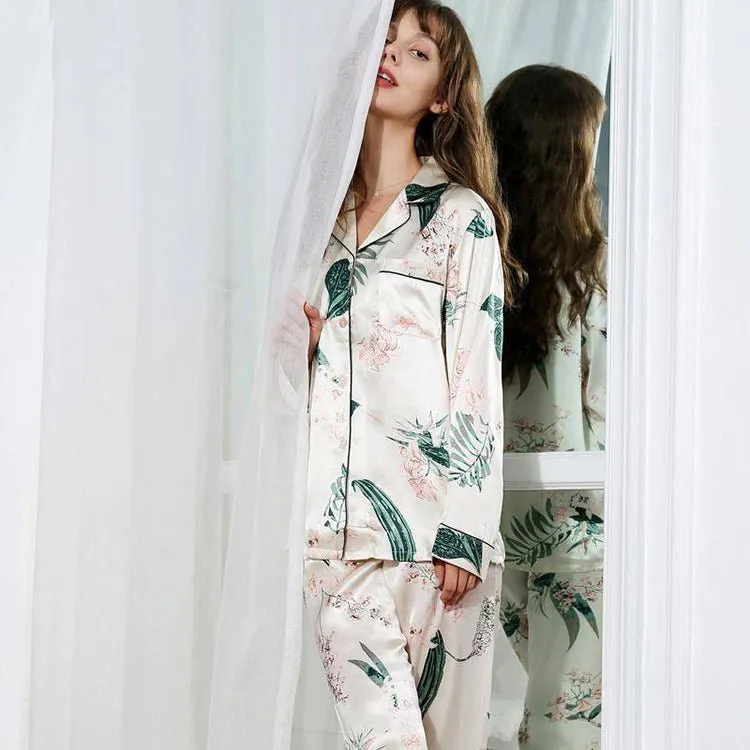 Best Mulberry 2-Piece Silk Pyjamas Set Flower Print Long Sleeves Silk Nightwear