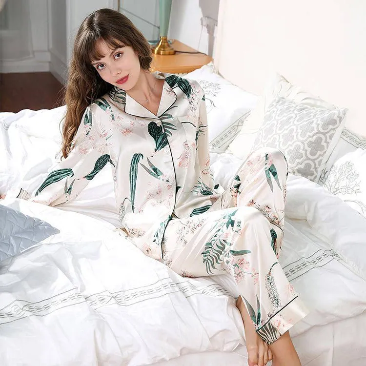 Best Mulberry 2-Piece Silk Pyjamas Set Flower Print Long Sleeves Silk Nightwear