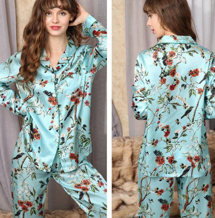 Best Mulberry 2-Piece Silk Pyjamas Set Flower Print Long Sleeves Silk Nightwear