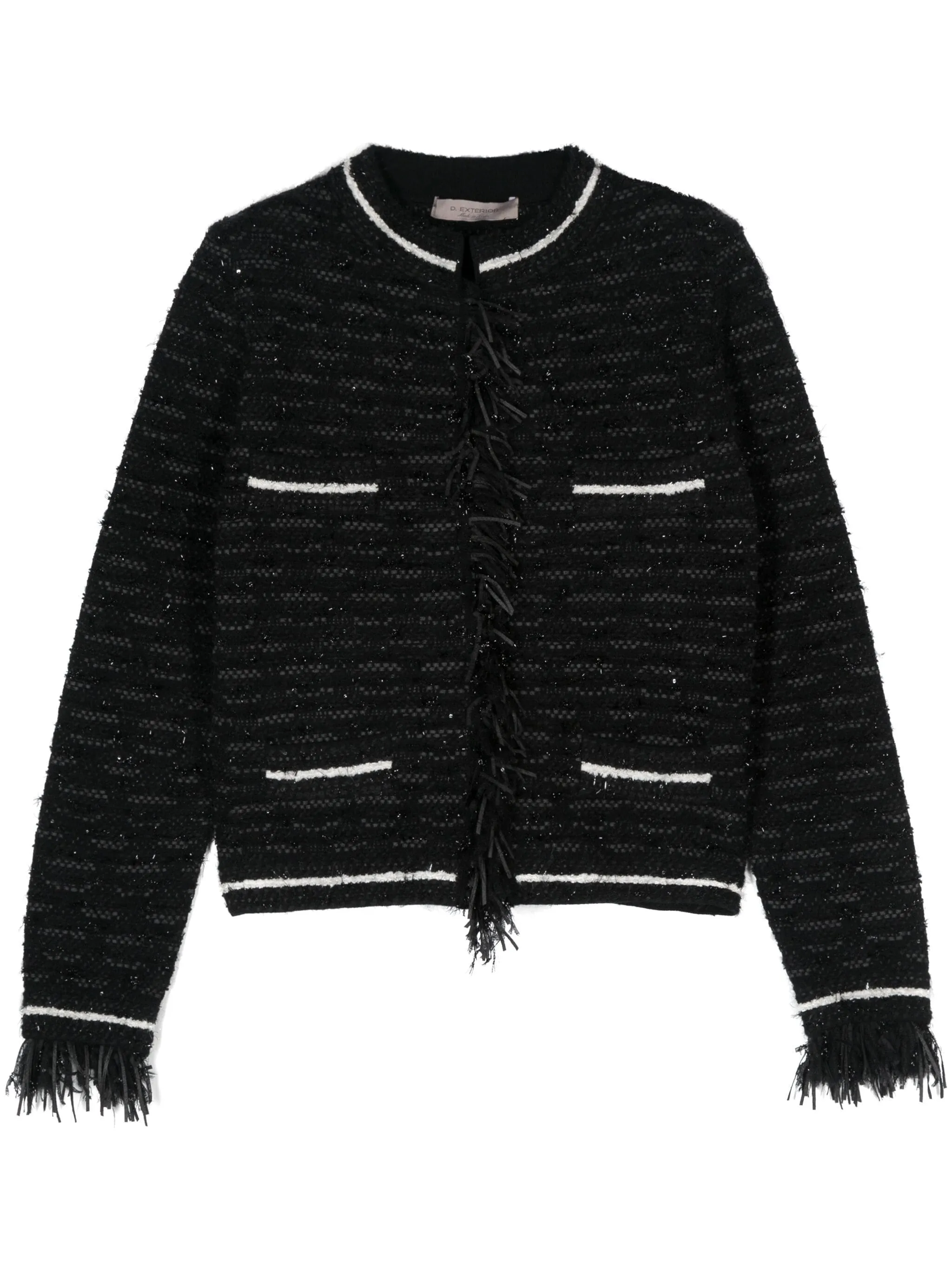 Black Bouclé Jacket with Fringe Details