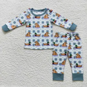 BLP0329 boy blue plaid duck pattern lounge wear sets