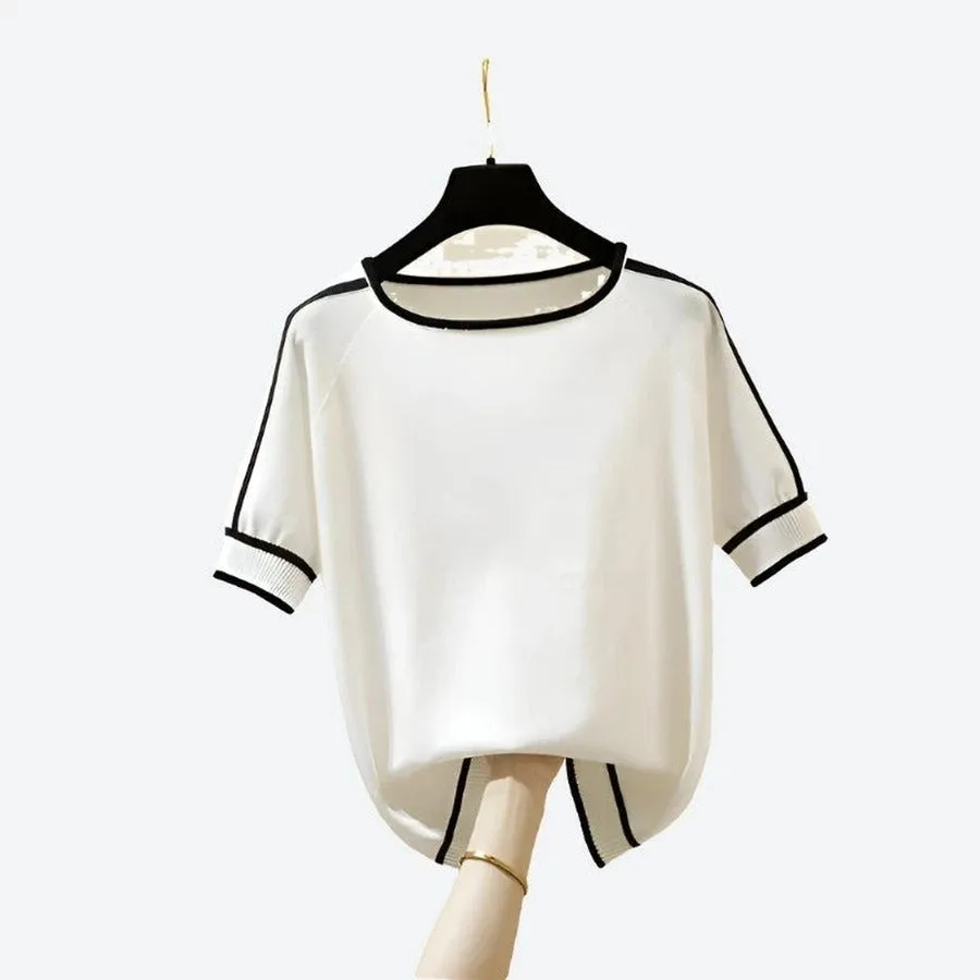 Casual Contrast Trim Short-Sleeve Tops