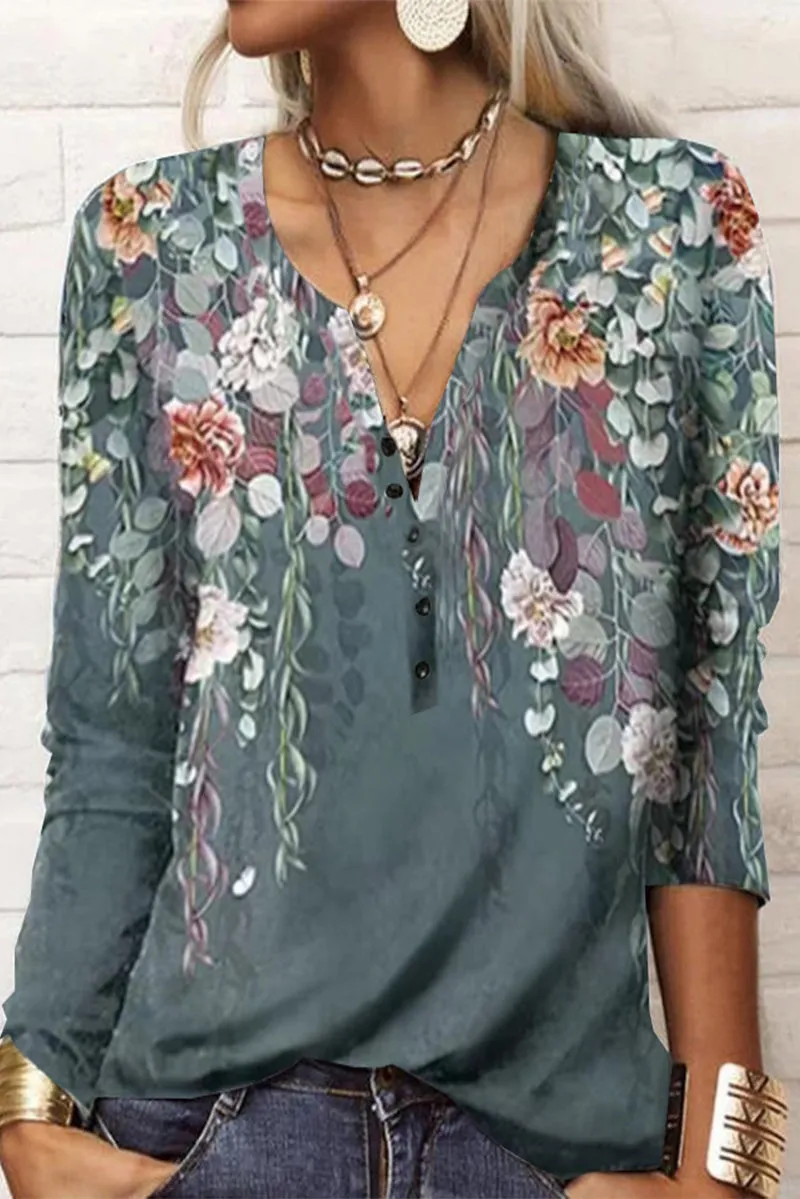 Casual Print V Neck Tops