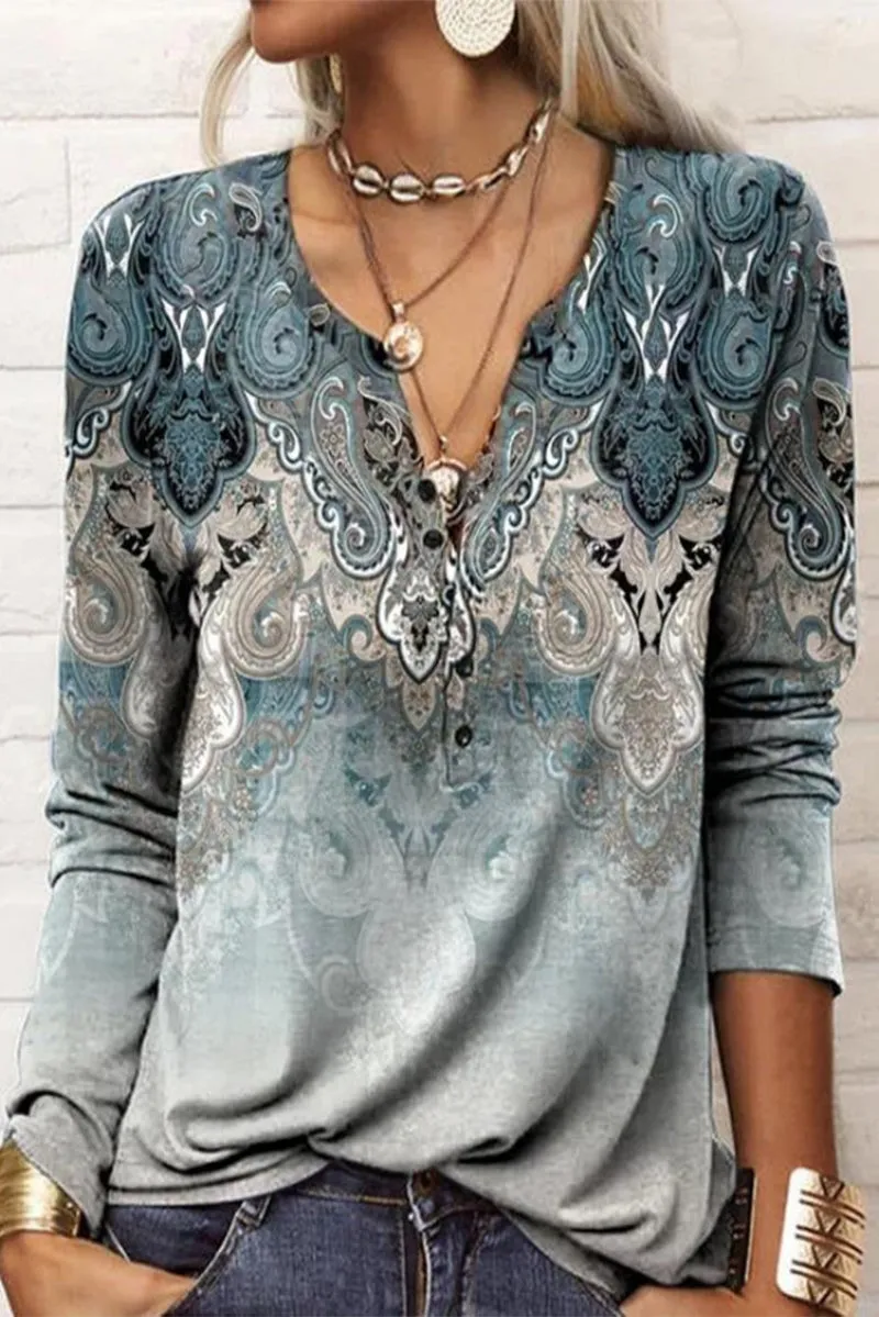 Casual Print V Neck Tops