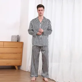 Classic Black And White Stripes  Silk Pajamas Set For Men Long Sleeves 100% Mulberry Silk Nightwear Sleepwear