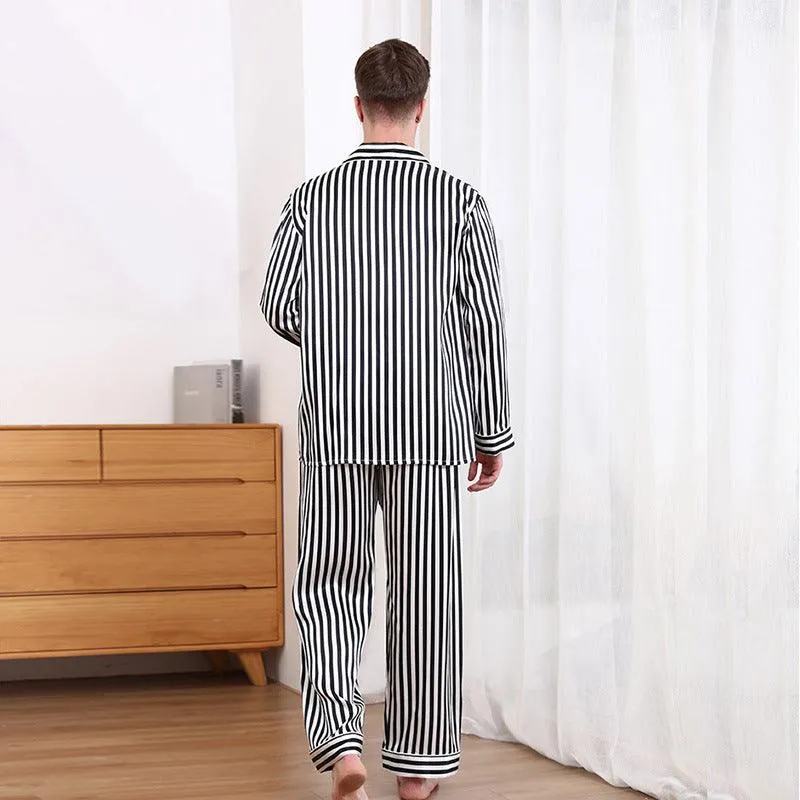 Classic Black And White Stripes  Silk Pajamas Set For Men Long Sleeves 100% Mulberry Silk Nightwear Sleepwear