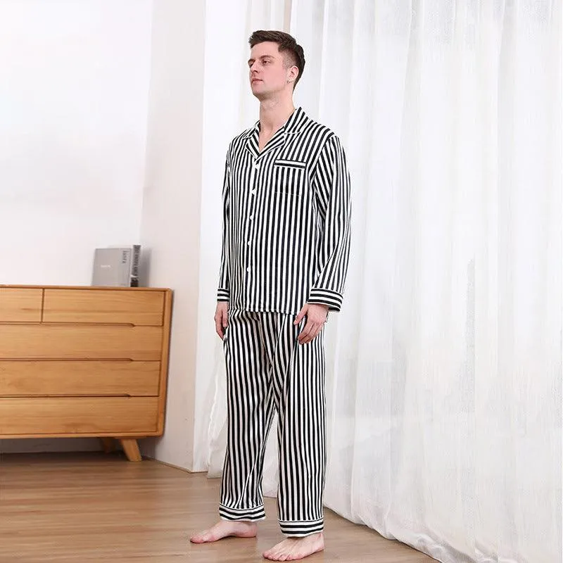 Classic Black And White Stripes  Silk Pajamas Set For Men Long Sleeves 100% Mulberry Silk Nightwear Sleepwear