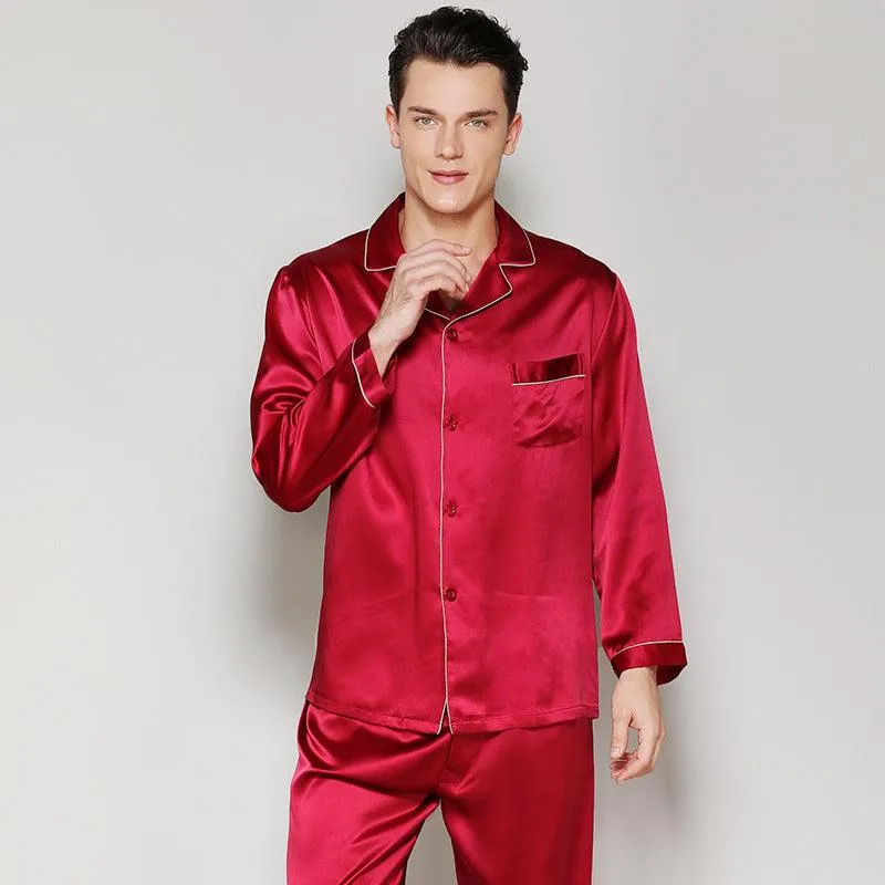 Classic Mens Silk Pajamas Set 100% Mulberry Silk Long Sleeves Nightwear Sleepwear