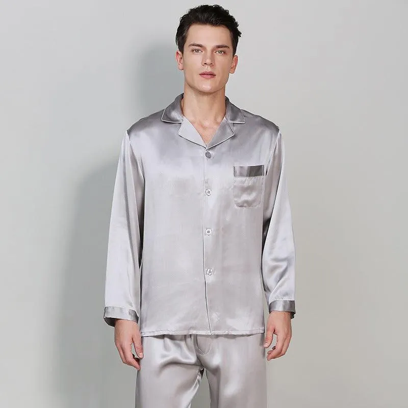 Classic Mens Silk Pajamas Set 100% Mulberry Silk Long Sleeves Nightwear Sleepwear