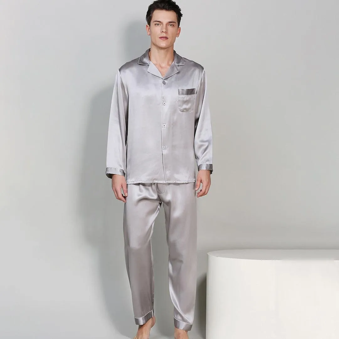 Classic Mens Silk Pajamas Set 100% Mulberry Silk Long Sleeves Nightwear Sleepwear