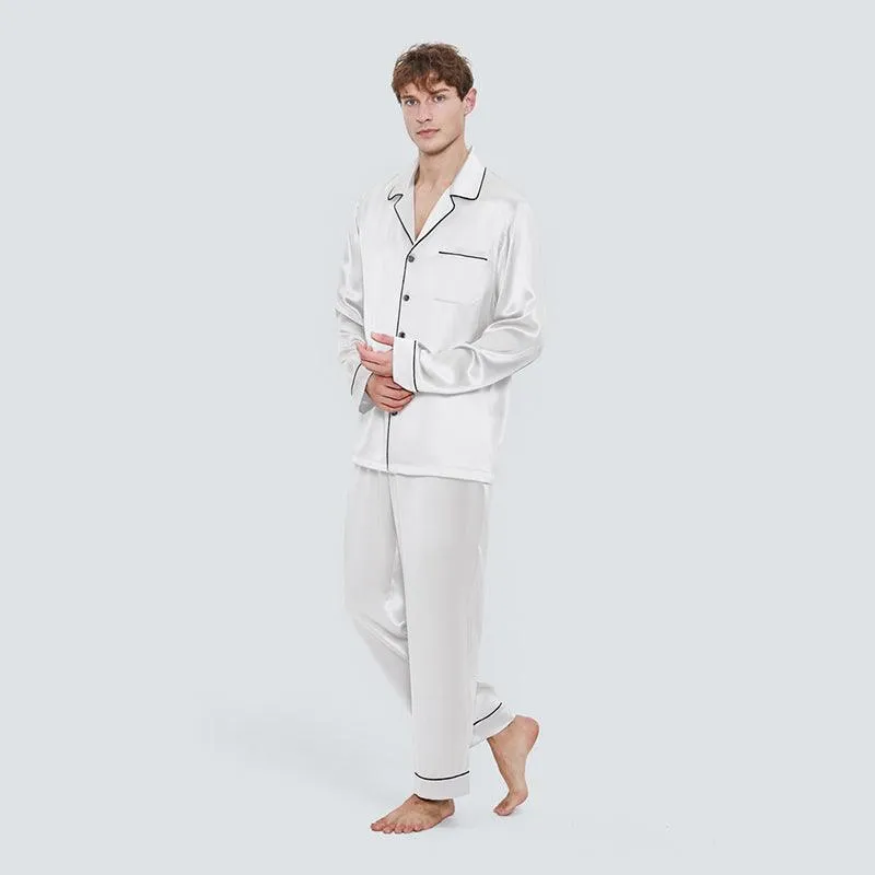 Classic Mens Silk Pajamas Set 100% Mulberry Silk Long Sleeves Nightwear Sleepwear