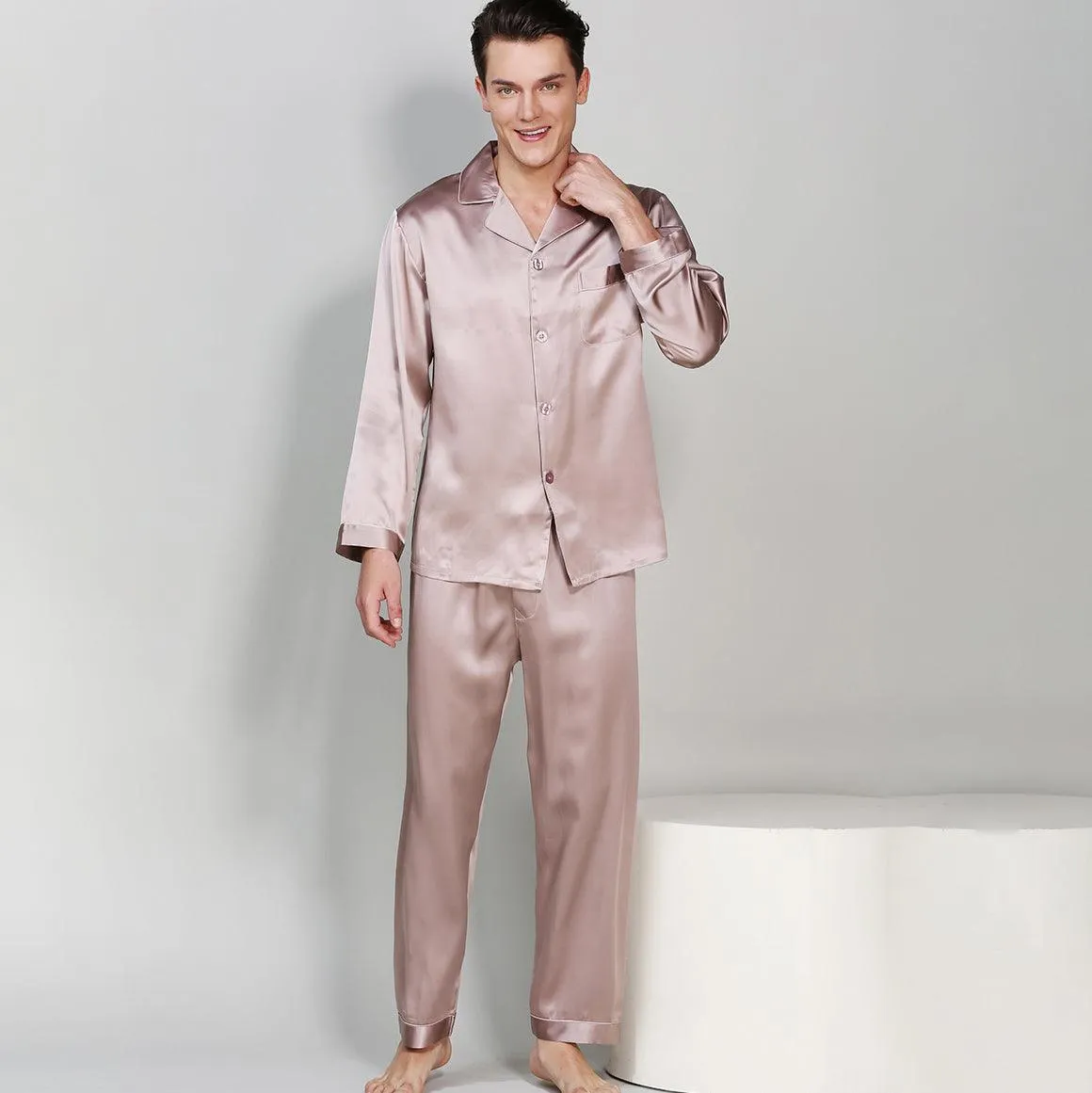 Classic Mens Silk Pajamas Set 100% Mulberry Silk Long Sleeves Nightwear Sleepwear