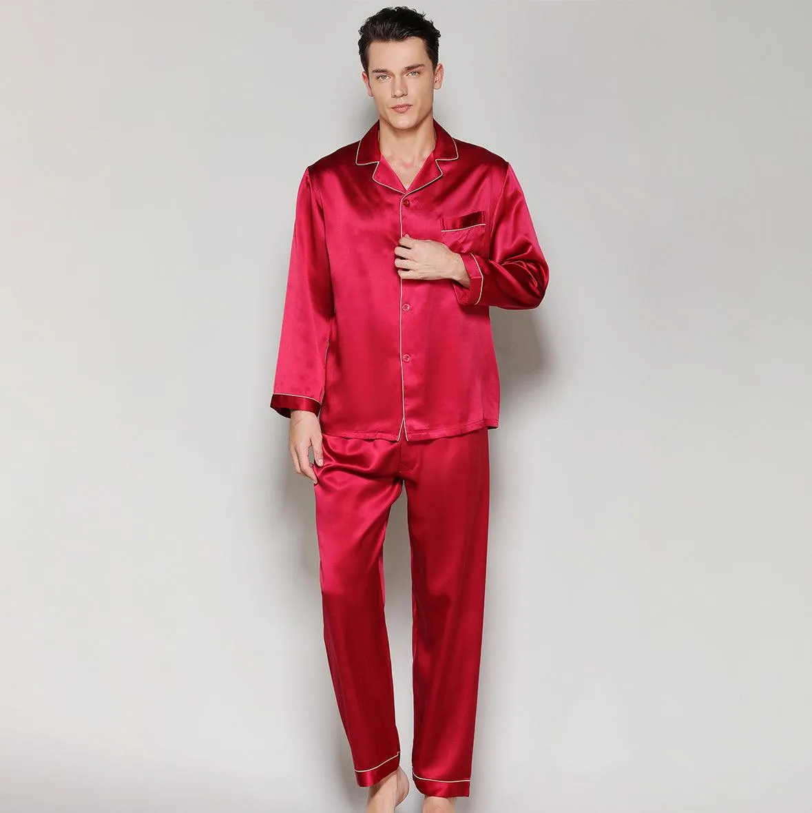 Classic Mens Silk Pajamas Set 100% Mulberry Silk Long Sleeves Nightwear Sleepwear