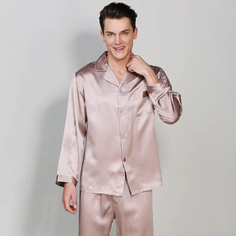 Classic Mens Silk Pajamas Set 100% Mulberry Silk Long Sleeves Nightwear Sleepwear