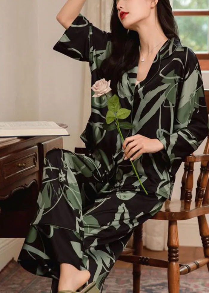 Classy Blackish Green Peter Pan Collar Print Ice Silk Pajamas Women Sets 2 Pieces Spring