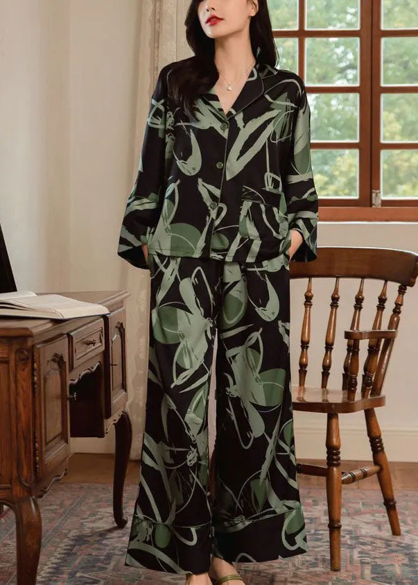 Classy Blackish Green Peter Pan Collar Print Ice Silk Pajamas Women Sets 2 Pieces Spring