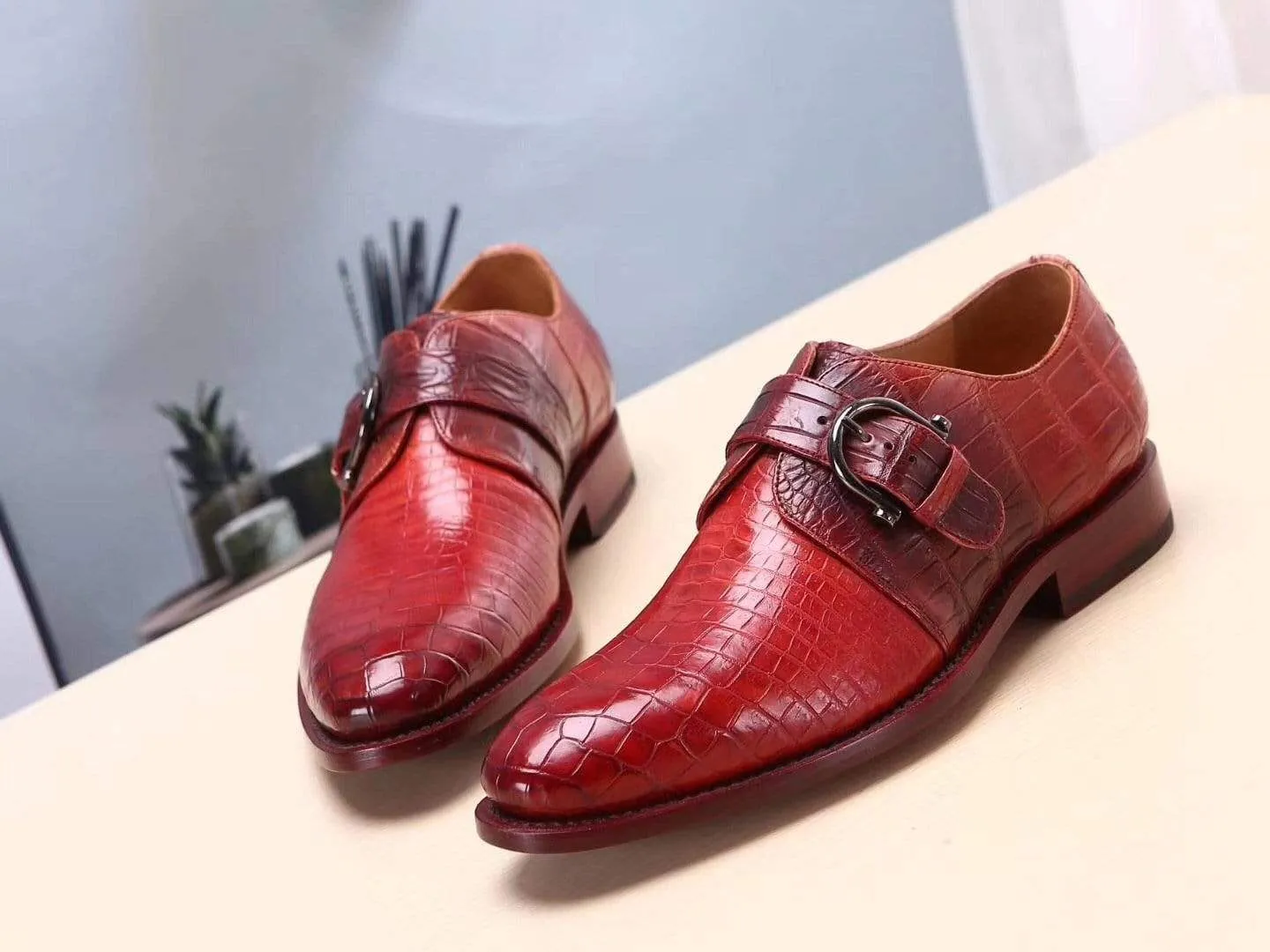 Crocodile Shoes Red Mens Shoes Genuine Leather Monk Shoes ,Goodyear Sole