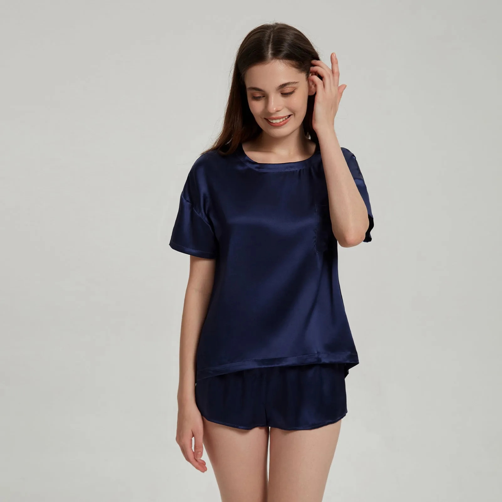 Dark Navy  Washable Silk Tee Set