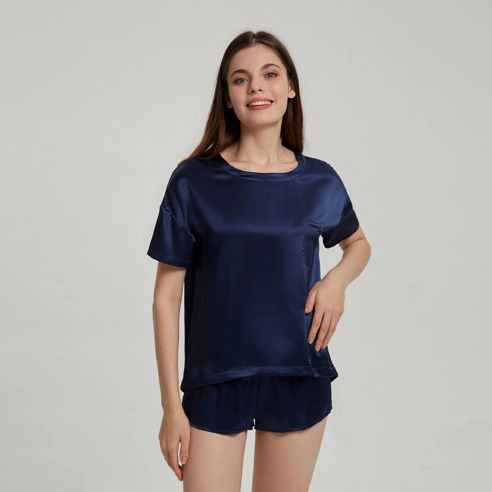 Dark Navy  Washable Silk Tee Set