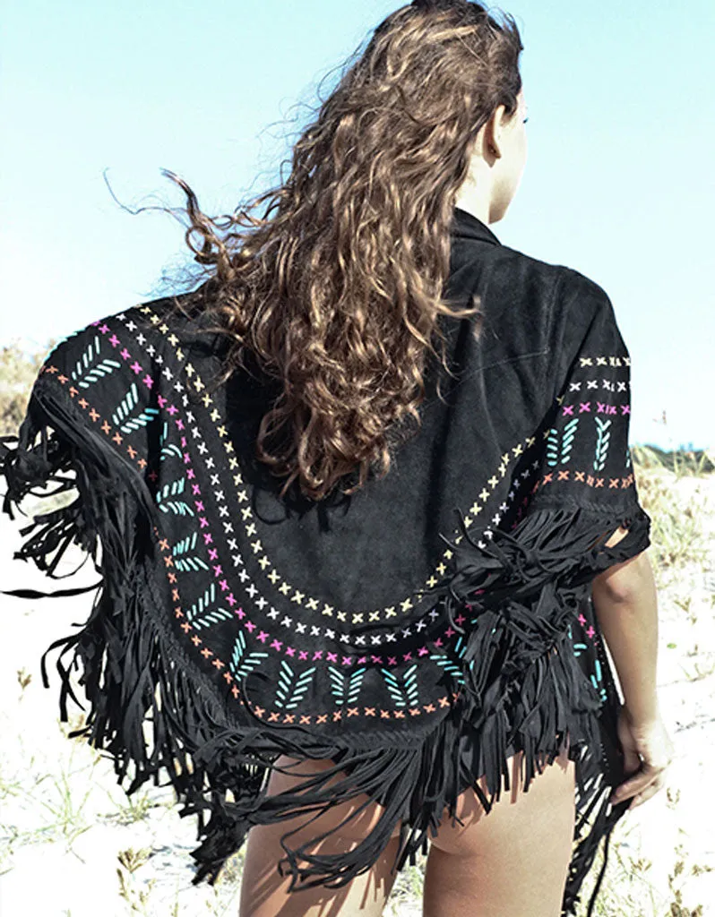 Earth Angel Jacket with Fringe in Black w/ Multicolor Stitching