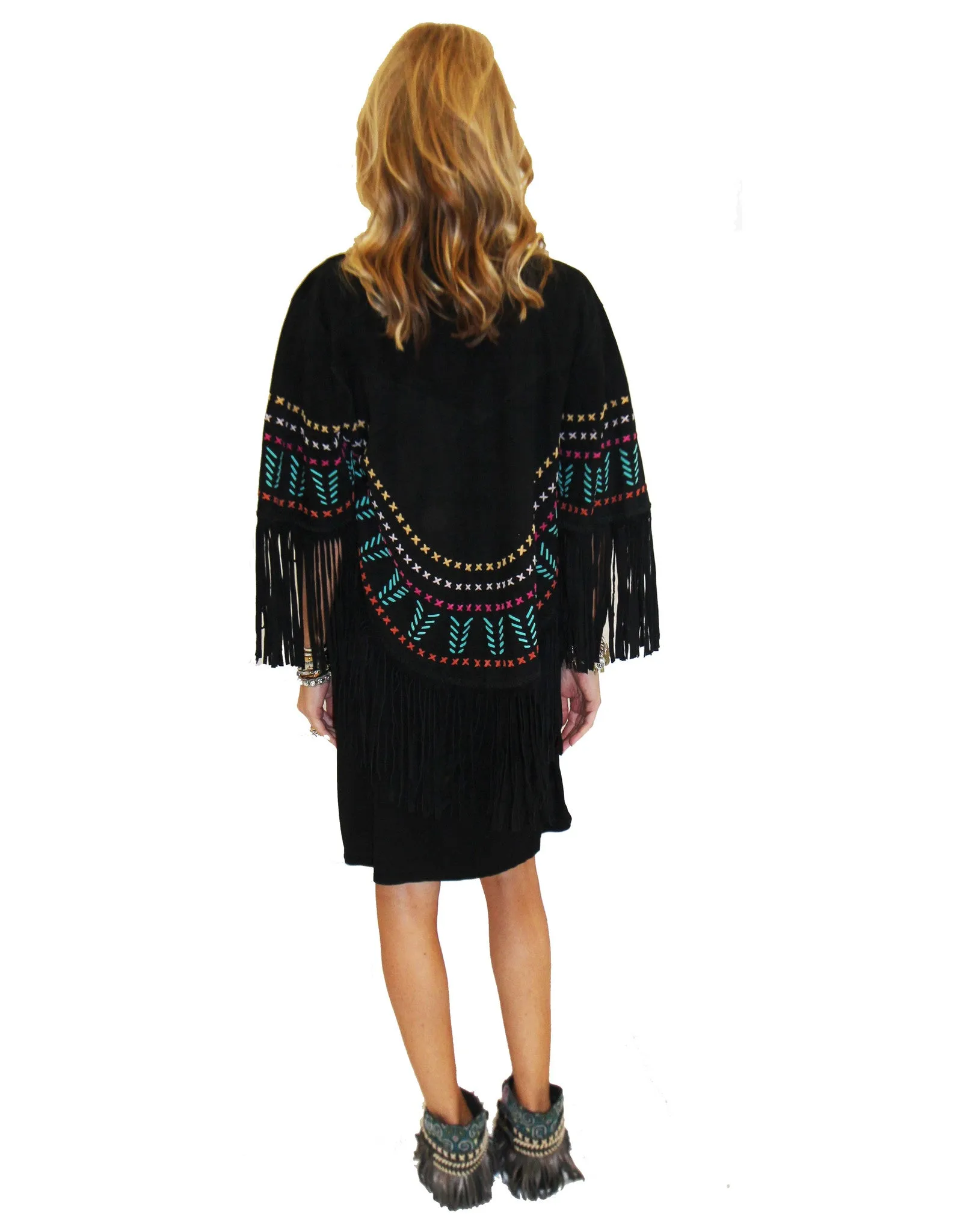 Earth Angel Jacket with Fringe in Black w/ Multicolor Stitching