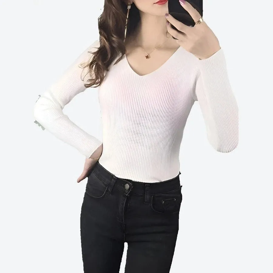 Elegant V-Neck Ribbed Knit Tops