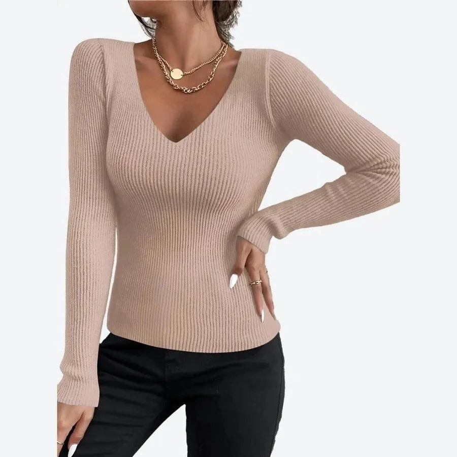 Elegant V-Neck Ribbed Knit Tops