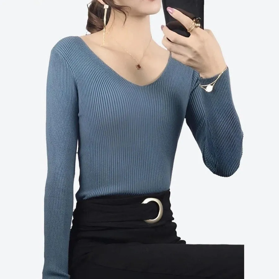 Elegant V-Neck Ribbed Knit Tops