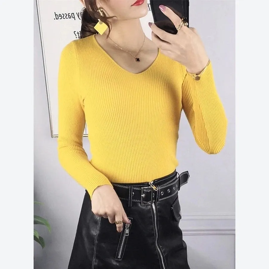 Elegant V-Neck Ribbed Knit Tops