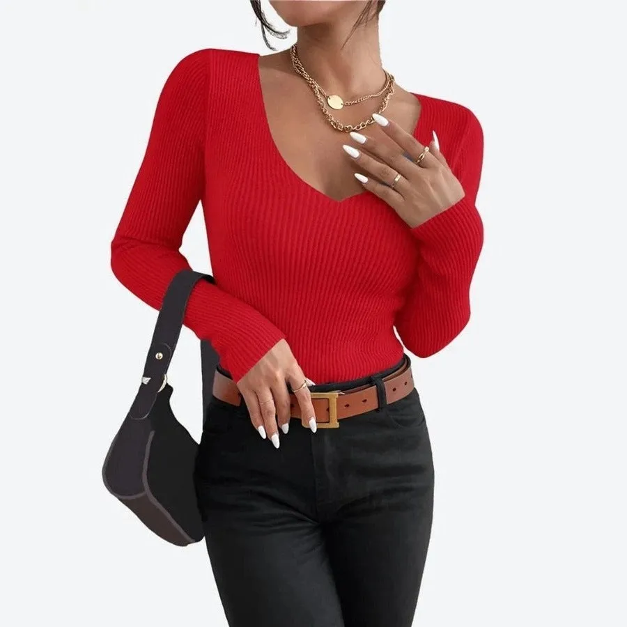 Elegant V-Neck Ribbed Knit Tops