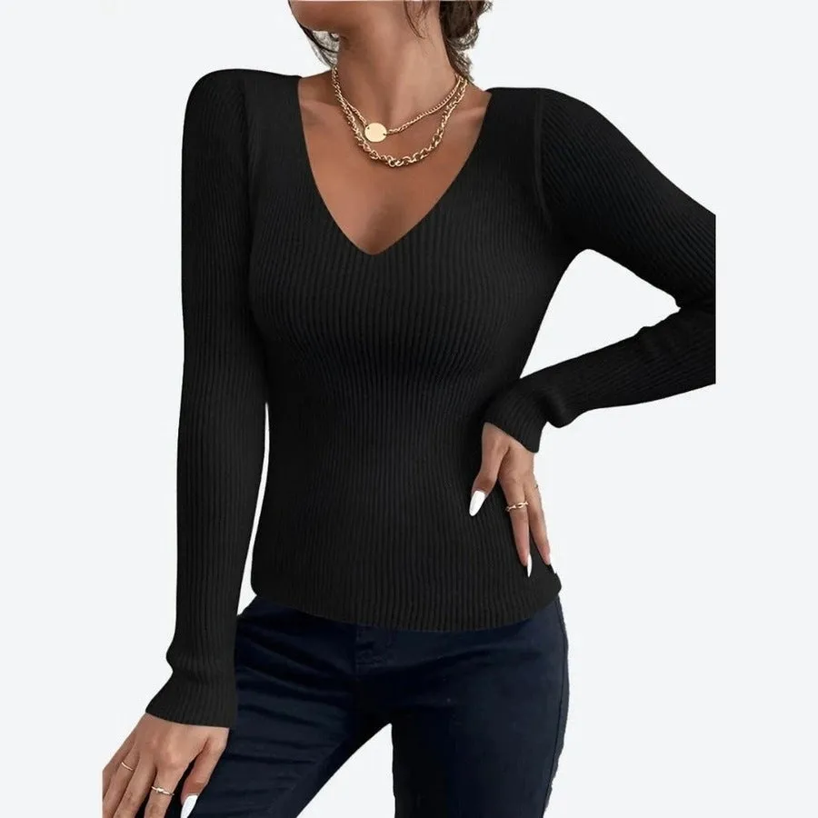 Elegant V-Neck Ribbed Knit Tops